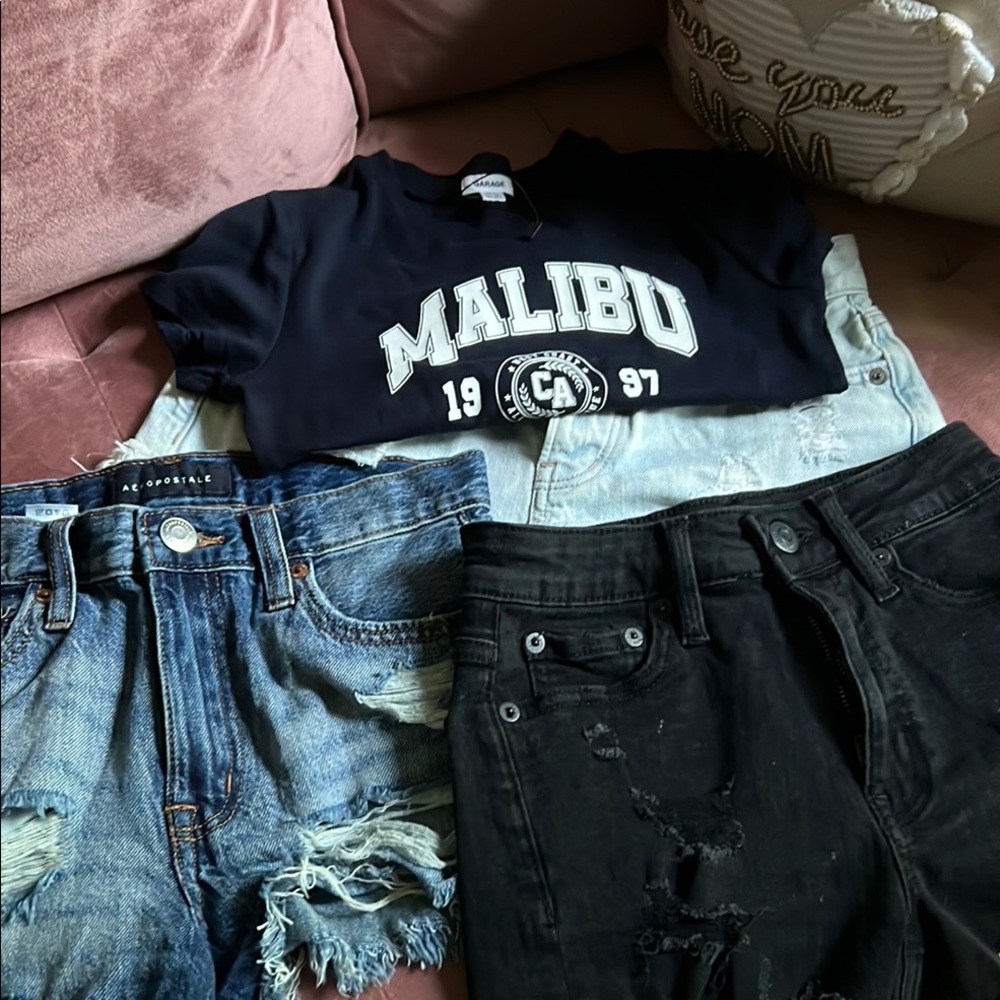 Set of 3 denim shorts American Eagle 00 Aeropostale 000 & Garage baby tee NWT.